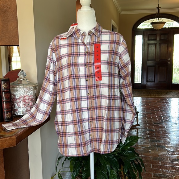 JACHS Girlfriend Tan Plaid Flannel button up szM NWT - Picture 3 of 11
